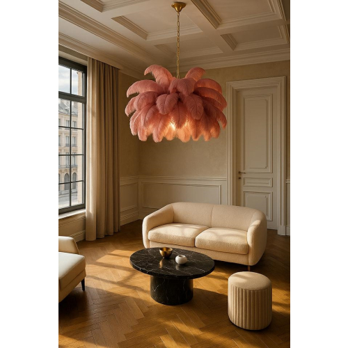 Lampa wisząca TIFFANY 135 różowa mosiądz / naturalne pióra