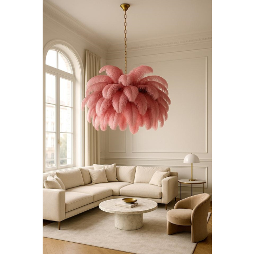 Lampa wisząca TIFFANY 135 różowa mosiądz / naturalne pióra