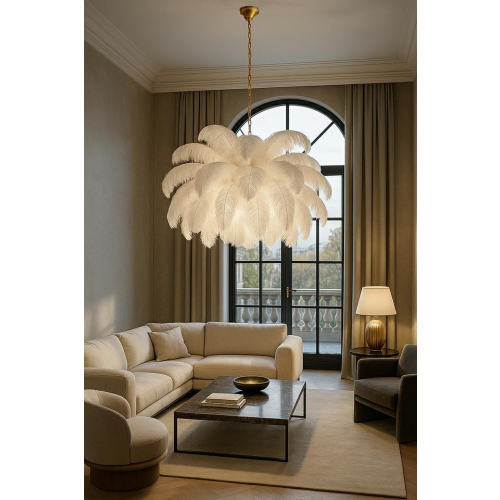 MOOSEE lampa wisząca TIFFANY 135 biała    mosiądz / naturalne pióra