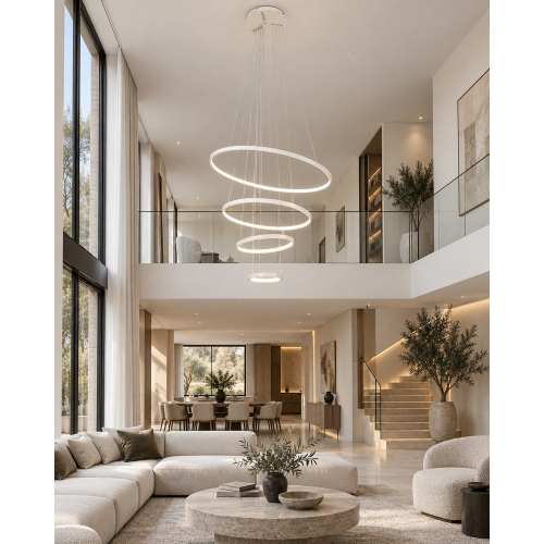 Biala lampa wiszaca Ring LED L154 na antresoli z dlugim zwisem