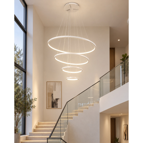Biala lampa Ring LED L154 na klatce schodowej z pierscieniami ustawionymi po skosie