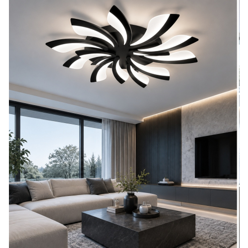 Czarny plafon LED w nowoczesnym salonie