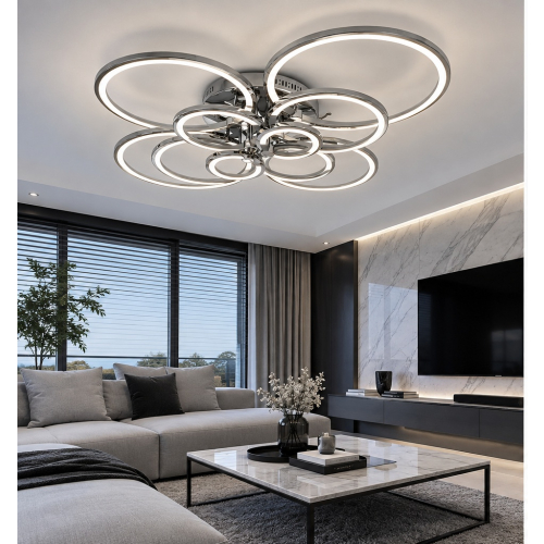 Chromowany plafon LED ring w nowoczesnym salonie