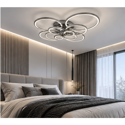 Chromowany plafon LED ring w nowoczesnej sypialni